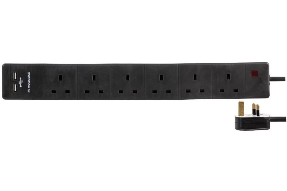 PRO ELEC כבל הארכה 6 שקעים עם 2 יציאות USB, 1 מטר, שחור