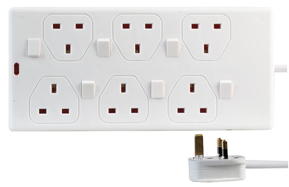 PRO ELEC מאריך חשמל 6 יציאות עם מתגים, 1 מטר, לבן