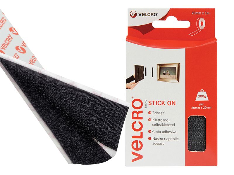 VELCRO Stick On Tape 20mm x 1m, Black, Self-Adhesive Hook & Loop