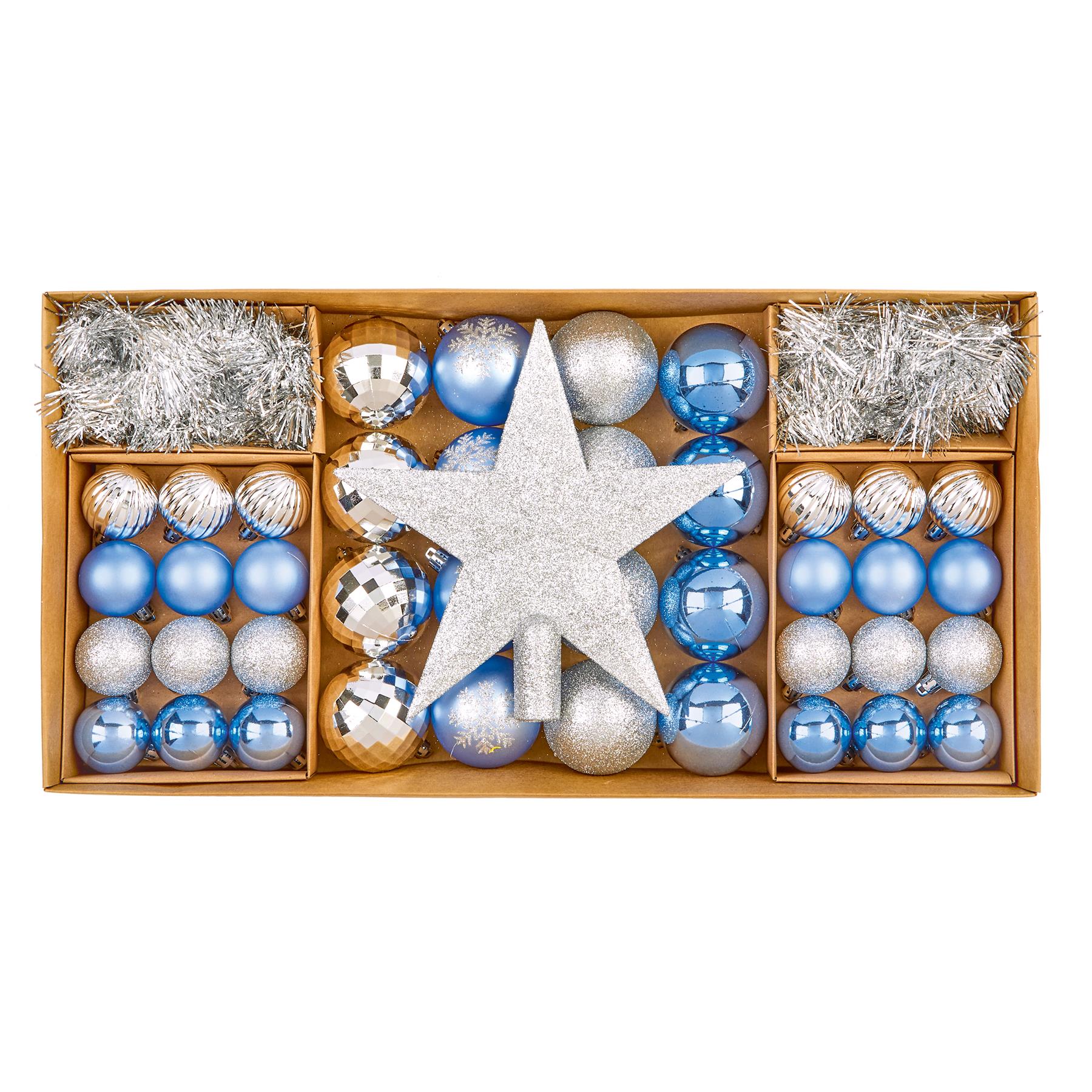 Ensemble de boules de Noël incassable Premier 54 pièces, bleu clair et argenté