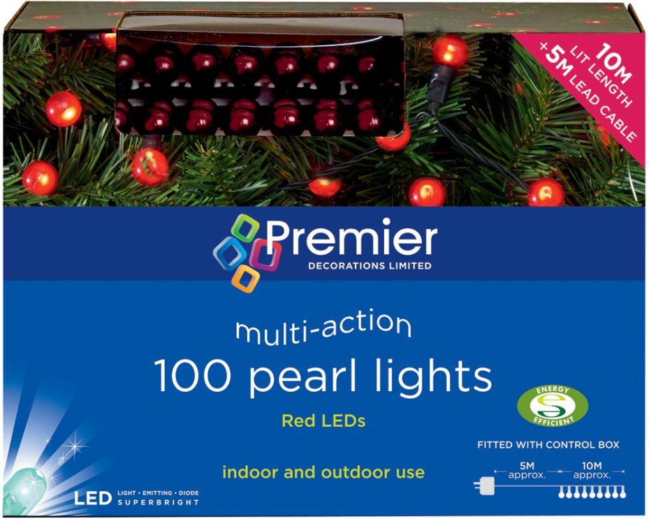Raraion 100 LED Pearl Lights, Multi-Action, Red, 10m