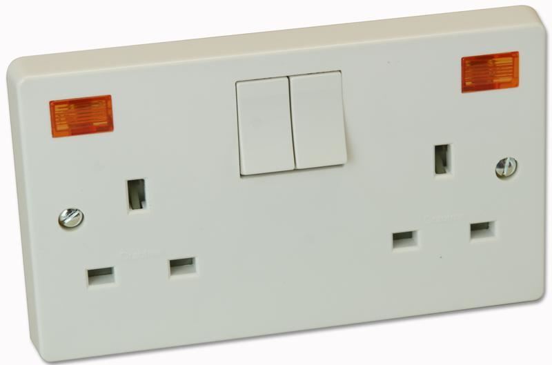 Crabtree 13A 2-Gangs geschakeld stopcontact met neon, wit