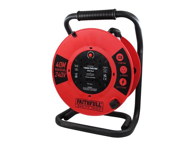 Faithfull Power Plus גליל כבל פתוח, 240V 40m, 4 שקעים 13A
