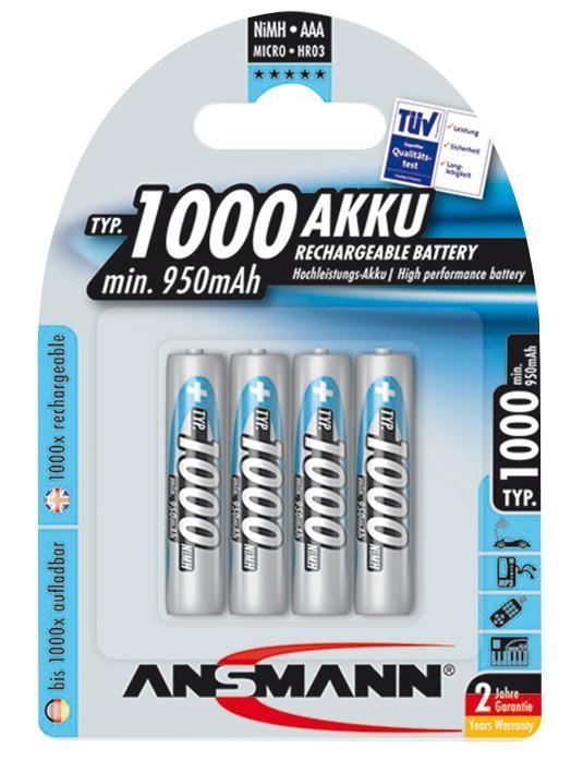 Ansmann NiMH Rechargeable AAA Batteries 1000mAh 4 Pack