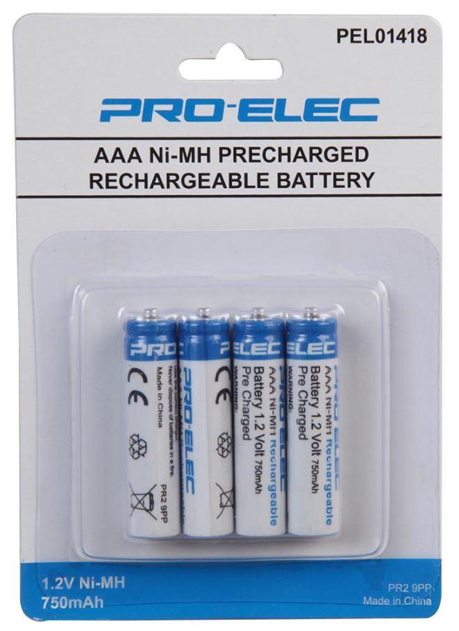PRO ELEC Oplaadbare AAA Batterijen, NiMH, 750mAh, 4 Stuks