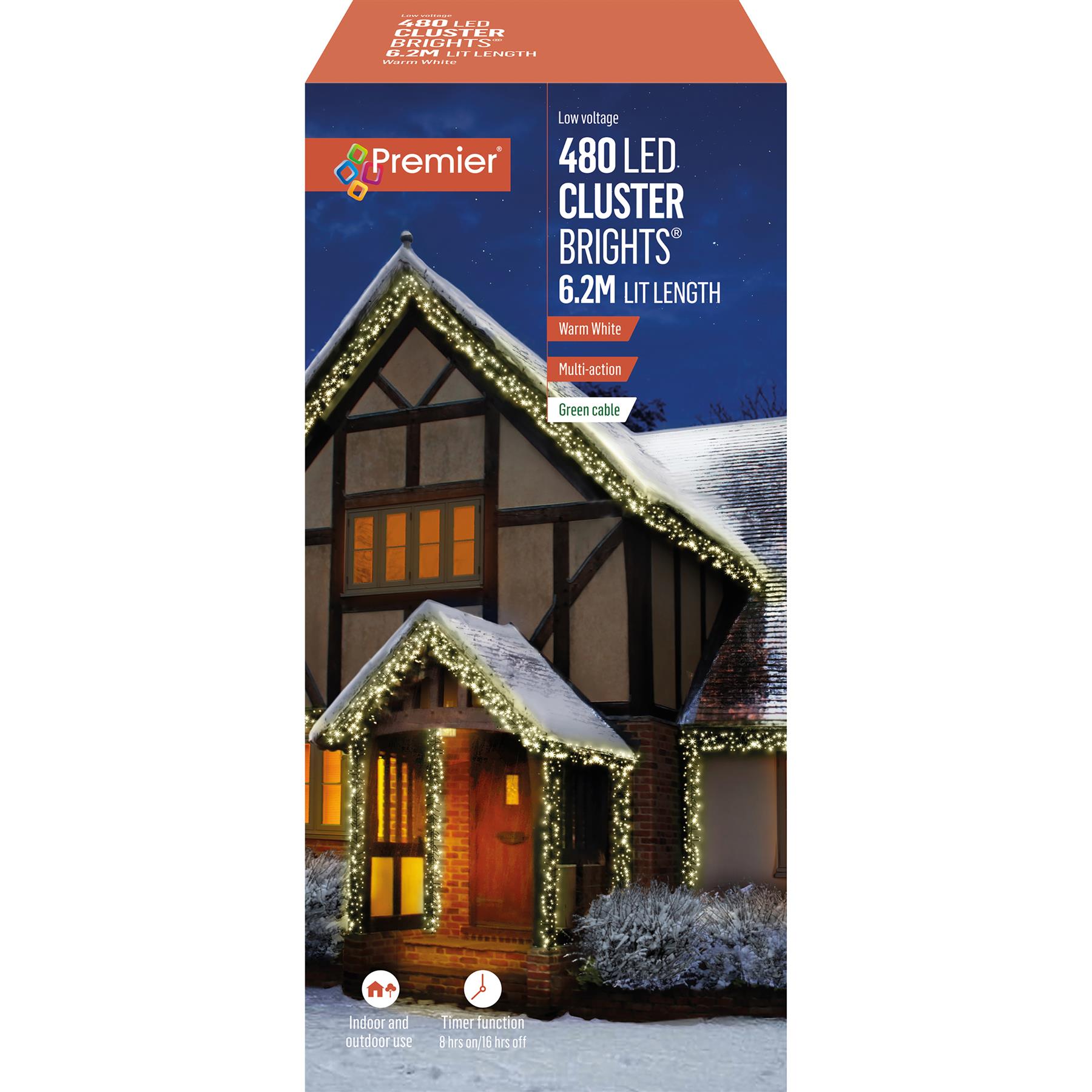 Premier 480 LED Warm White Christmas Cluster Lights with Timer, 6.2m