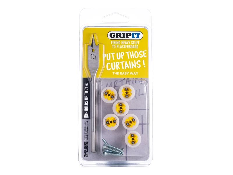 Gripit Gordijnkit met 15mm Gele Bevestigingen, Schroeven & Boorset (Clam Pack)