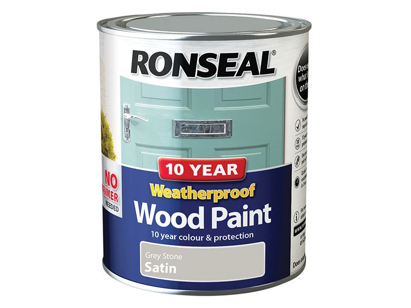 Ronseal 10 Year Weatherproof Wood Paint - Grey Stone Satin, 750ml