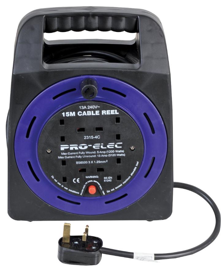 PRO ELEC Mulinello Cavo 15m con 4 Prese, 13A