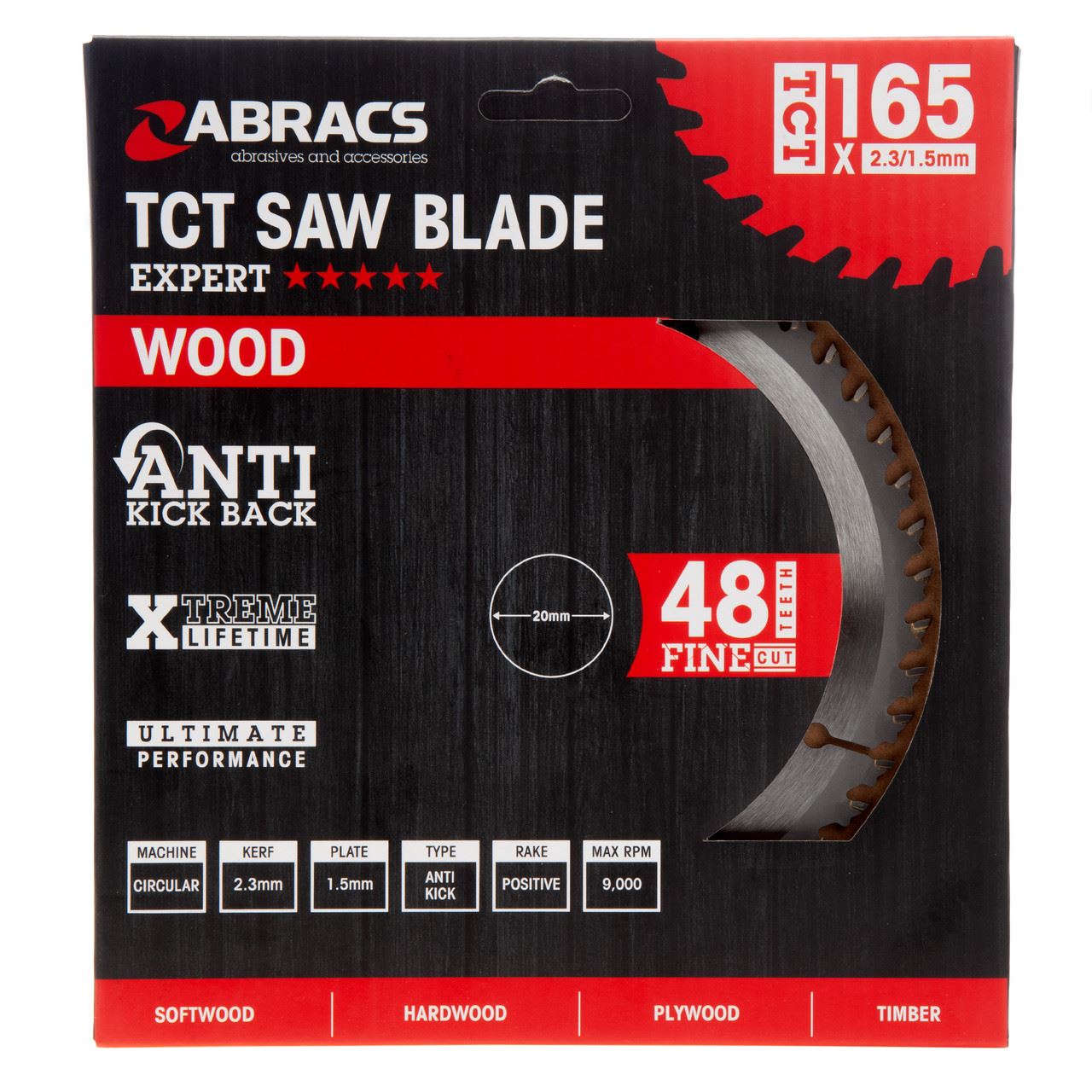 Abracs TCT Circular Saw Blade for Wood, 165mm, 48T, 20mm Bore