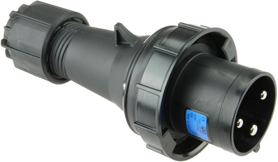 PCE 63A, 230V CEE Plug, 2P+E, Black, IP67, Cable Mount