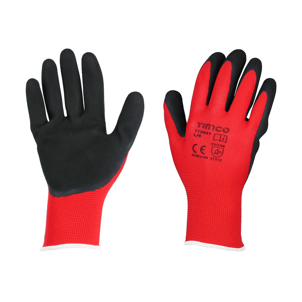 Timco Toughlight Grip Gloves - Large, Sandy Latex Coated, Red/Black