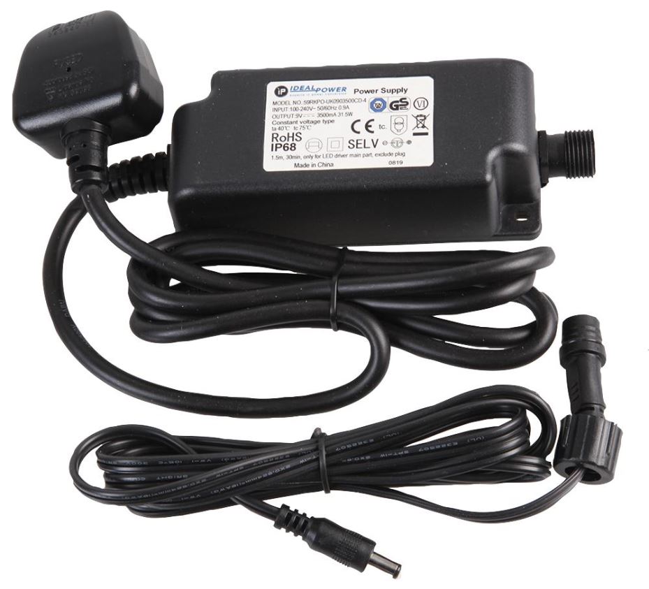 IDEAL POWER 9V 3.5A 31.5W IP68 인라인 파워 어댑터, 영국 플러그