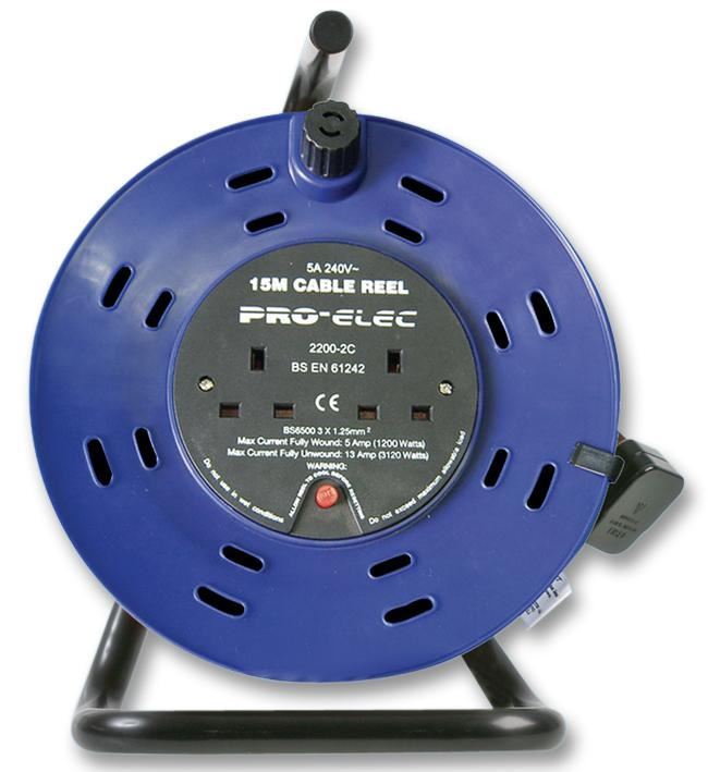PRO ELEC Bobine de Cabo 15m, Tomada Dupla, 5A, 240V