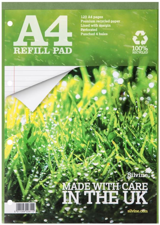 SILVINE A4 Recycled Lined Refill Pad, 120 Pages