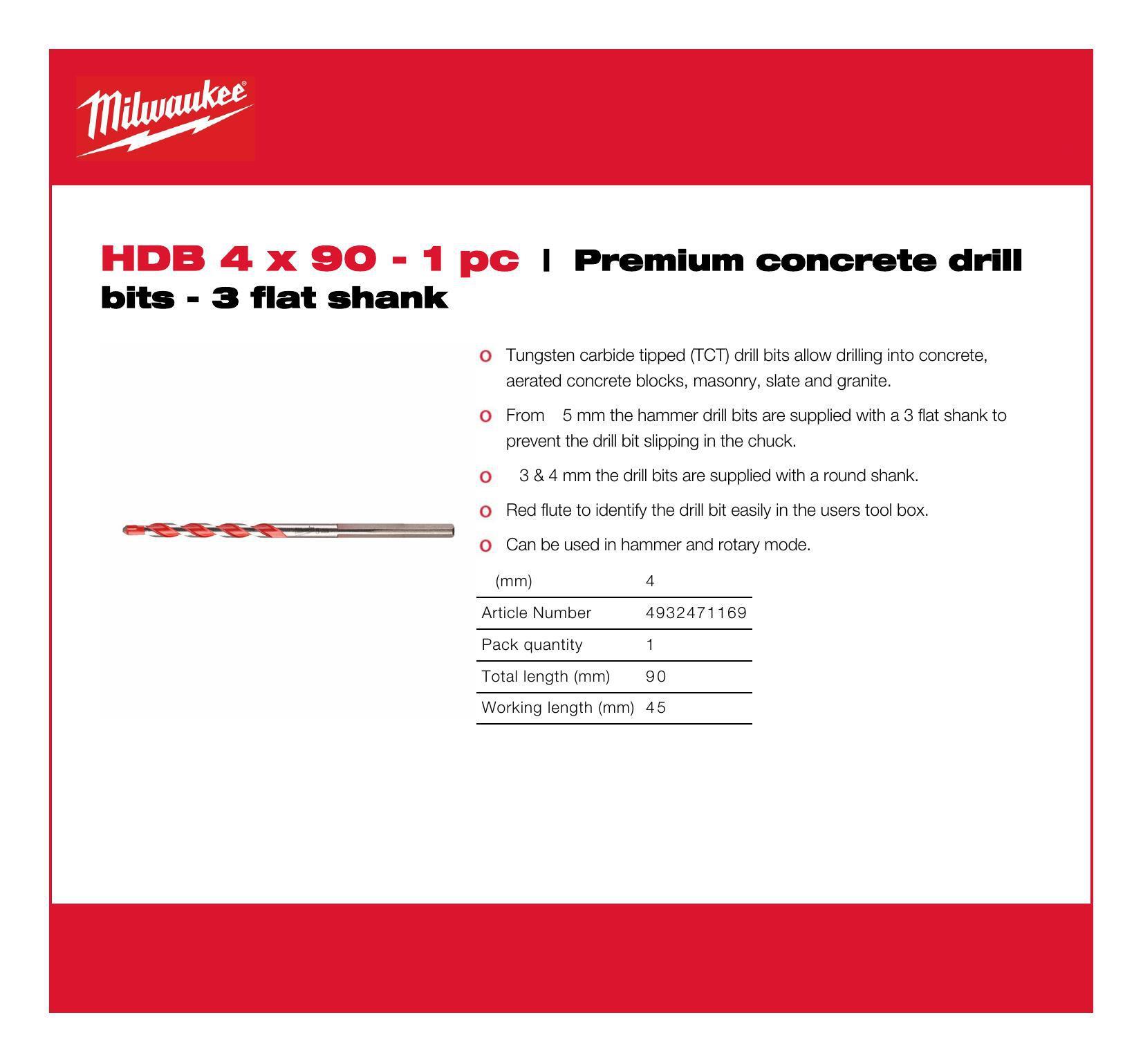 Milwaukee 3 Flat Shank Concrete Drill Bit, 4mm x 90mm