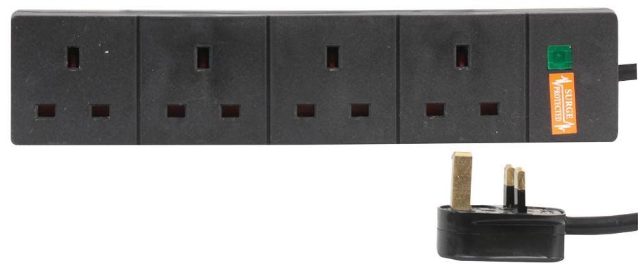 PRO ELEC 4-zásuvkový prodlužovací kabel s ochranou proti přepětí, 2m, černý