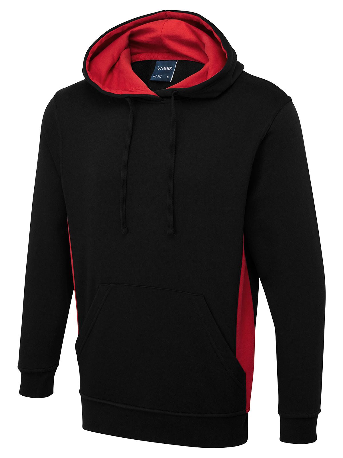 Uneek Unisex Two-Tone Hooded Sweatshirt, 60% Cotton, Black/Red, Size L