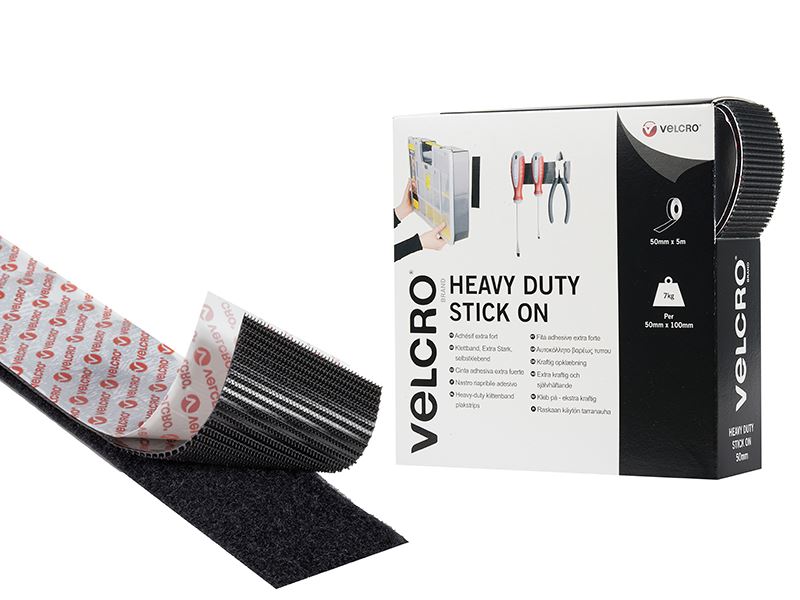 VELCRO® Heavy-Duty Stick On Tape, Black, 50mm x 5m