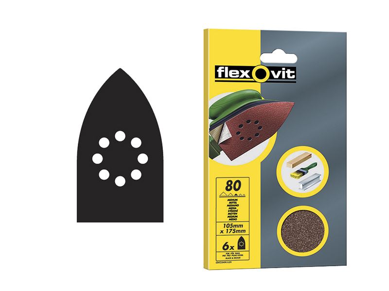 Flexovit Hook & Loop Sanding Sheets, 105x175mm, 80G, Pack of 6