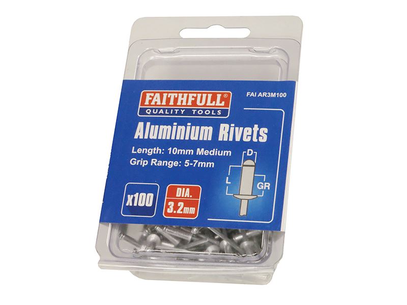 Faithfull - Aluminium-Niete 3,2 x 10mm Mittel, Packung mit 100 Stück