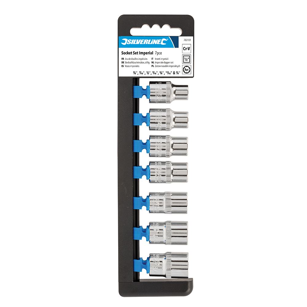 Silverline 1/2” Drive Socket Set, 6-Point Imperial, 7-Piece (3/8”–3/4”)