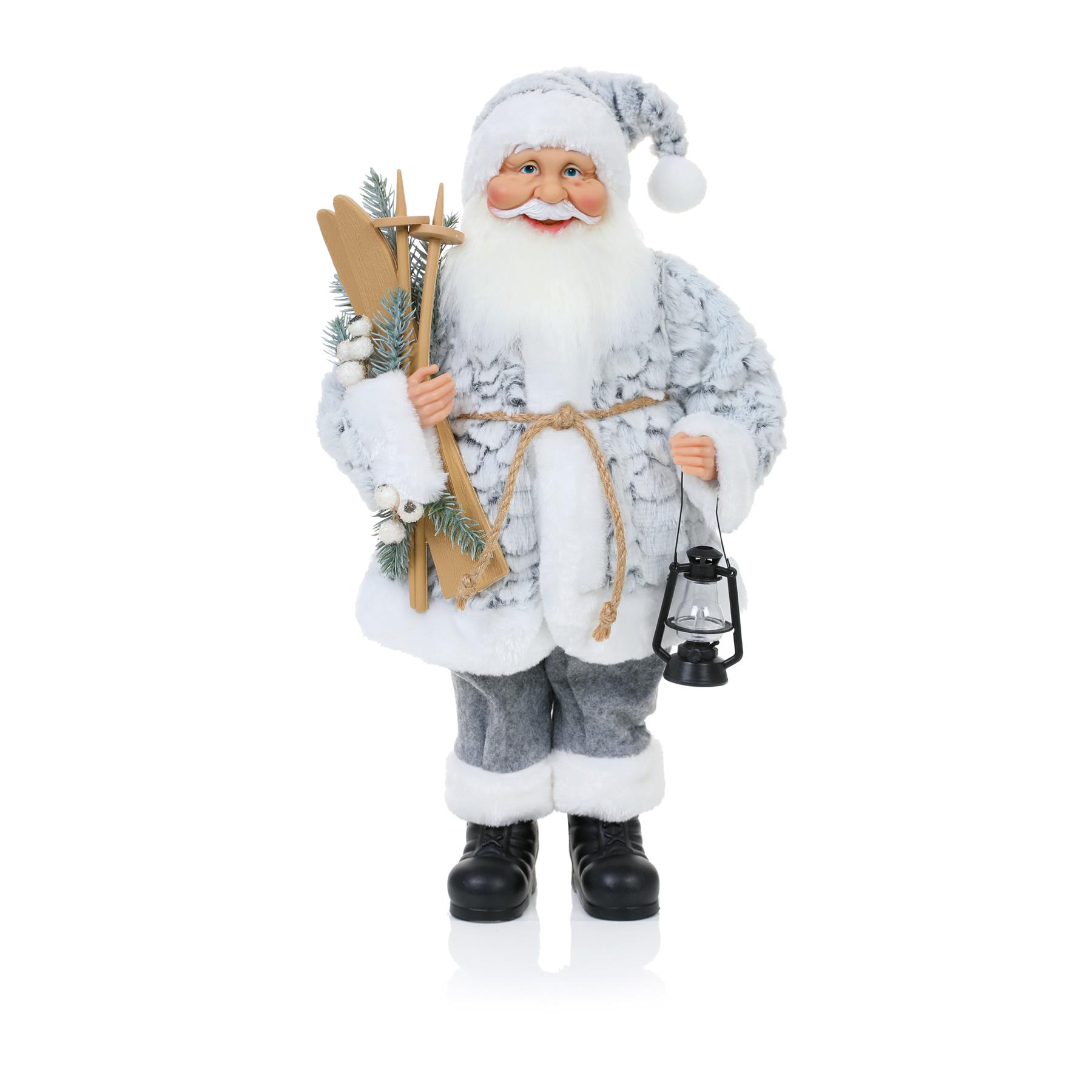 Premier 50cm Cream-Grey Fur Coat Santa with Skis & Lantern
