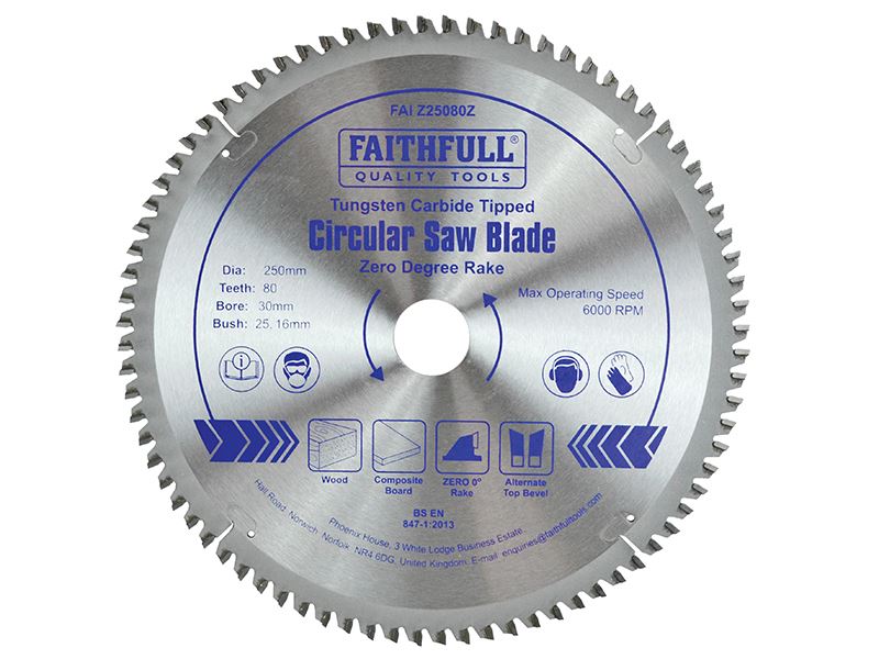 Faithfull TCT 원형 톱날 블레이드 250mm (80T, 제로 레이크 각도)