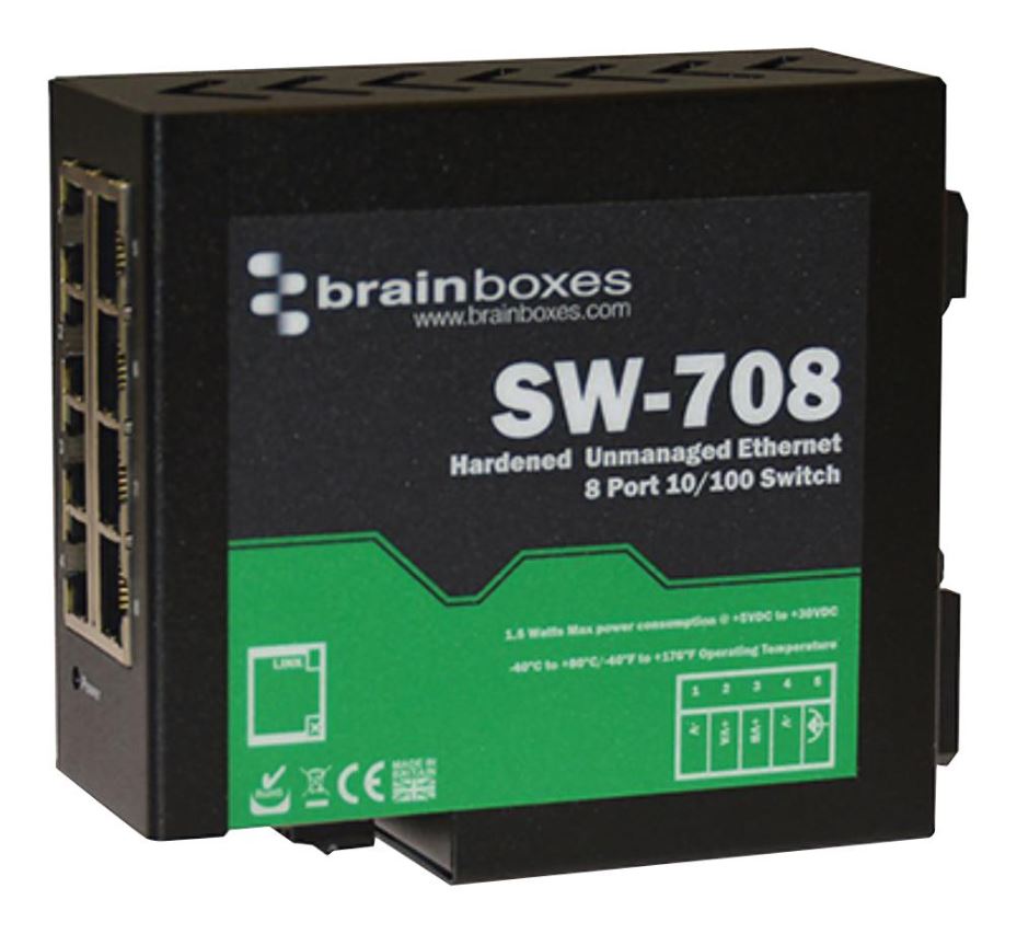 BRAINBOXES 8-Port Hardened Industrial Ethernet Switch, DIN Rail
