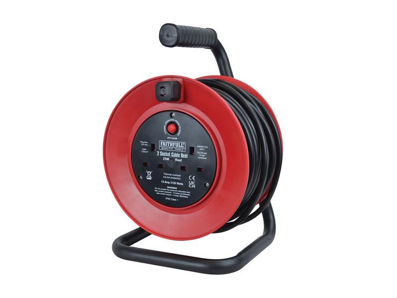 Faithfull Power Plus Open Drum Cable Reel 25m, 2-Socket, 240V