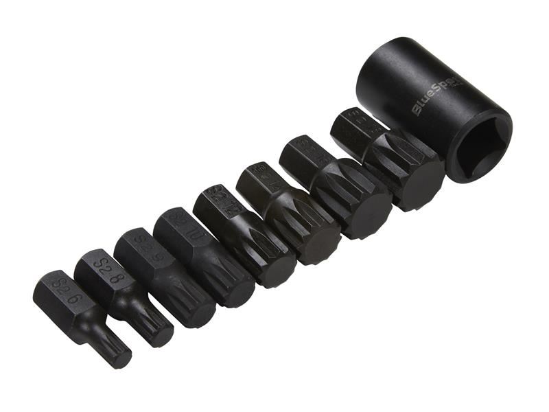 BlueSpot 1/2in Impact Spline Bit Set, 9 Piece, S2 Steel