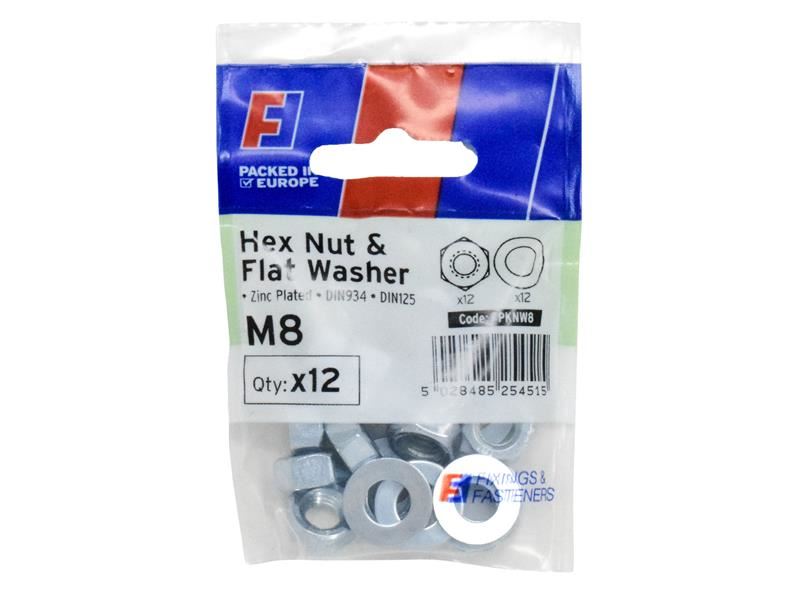 ForgeFix M8 Nuts & Washers, Zinc-Plated, Pack of 12