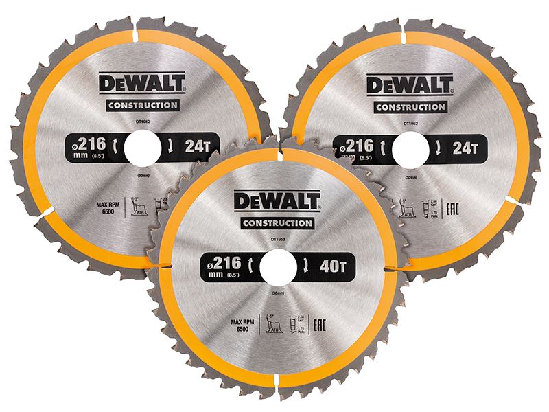 DEWALT DT1962 Λεπίδες Κυκλικού Πριονιού 216mm Σετ 3 Τεμάχια (24T & 40T)