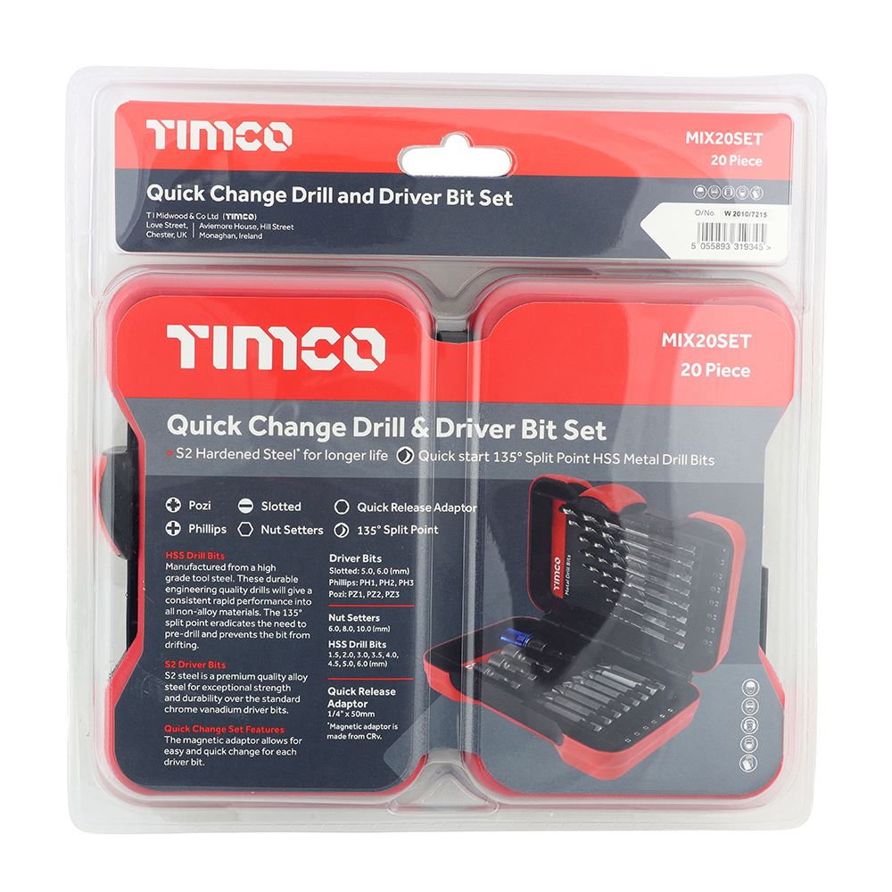 Timco Quick Release HSS Drill & Driver Bit Set, 20-Piece