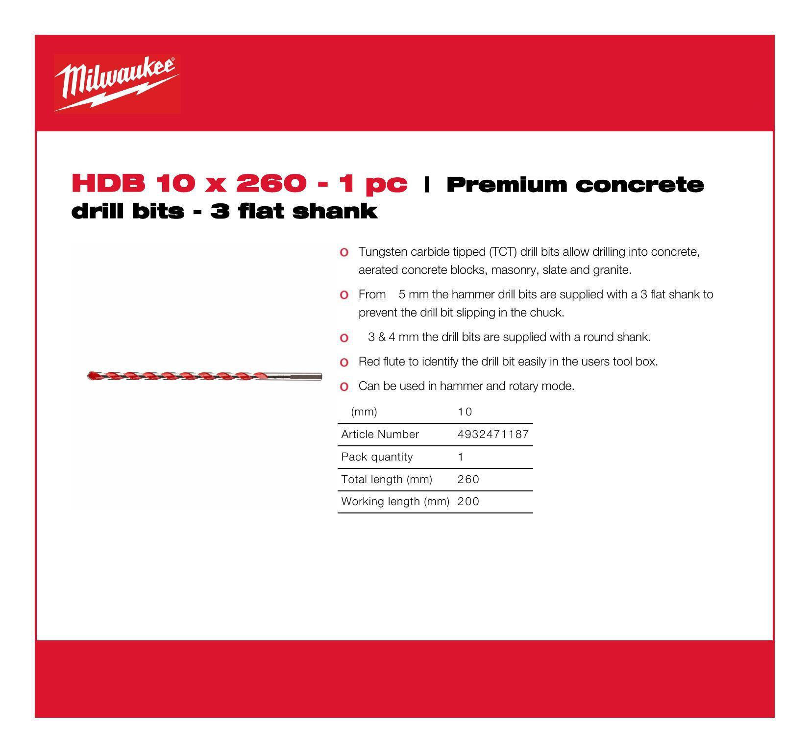 Milwaukee מקדחה בבטון פרימיום TCT, 10 מ״מ x 260 מ״מ, עם בית אחיזה משולש