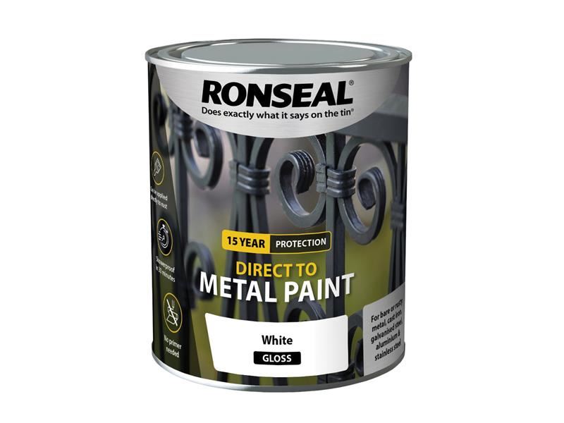 Ronseal Metal Paint, White Gloss, 750ml, Direct Application