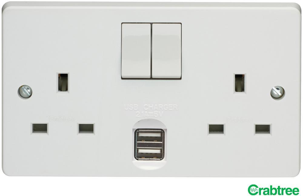 Prise double CRABTREE 13A avec ports USB, blanche