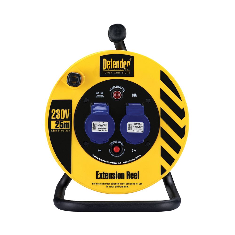 Defender - 輕工業用25米2位插座電線捲盤 - 230V 16A