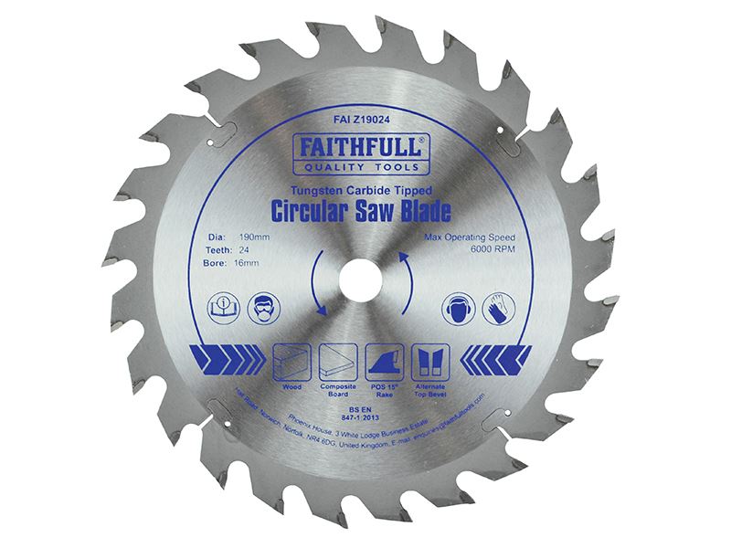 Faithfull Kruhová pila s TCT zuby 190mm x 16mm, 24T, POS sklon