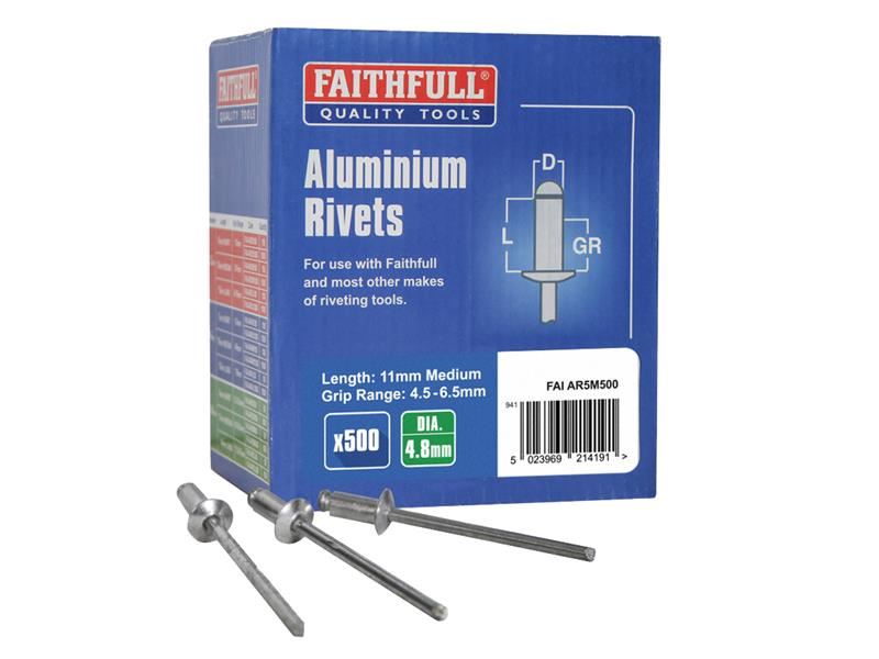 Faithfull Aluminium-Niete 4,8 x 11mm Mittel, Großpackung mit 500 Stück
