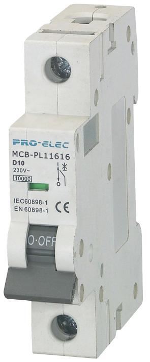 PRO ELEC 10A Type D Single Pole MCB, 10kA, 230V