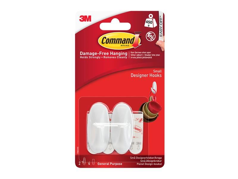 Command Small White Designer Hooks, 450g Capacity, Pack of 2