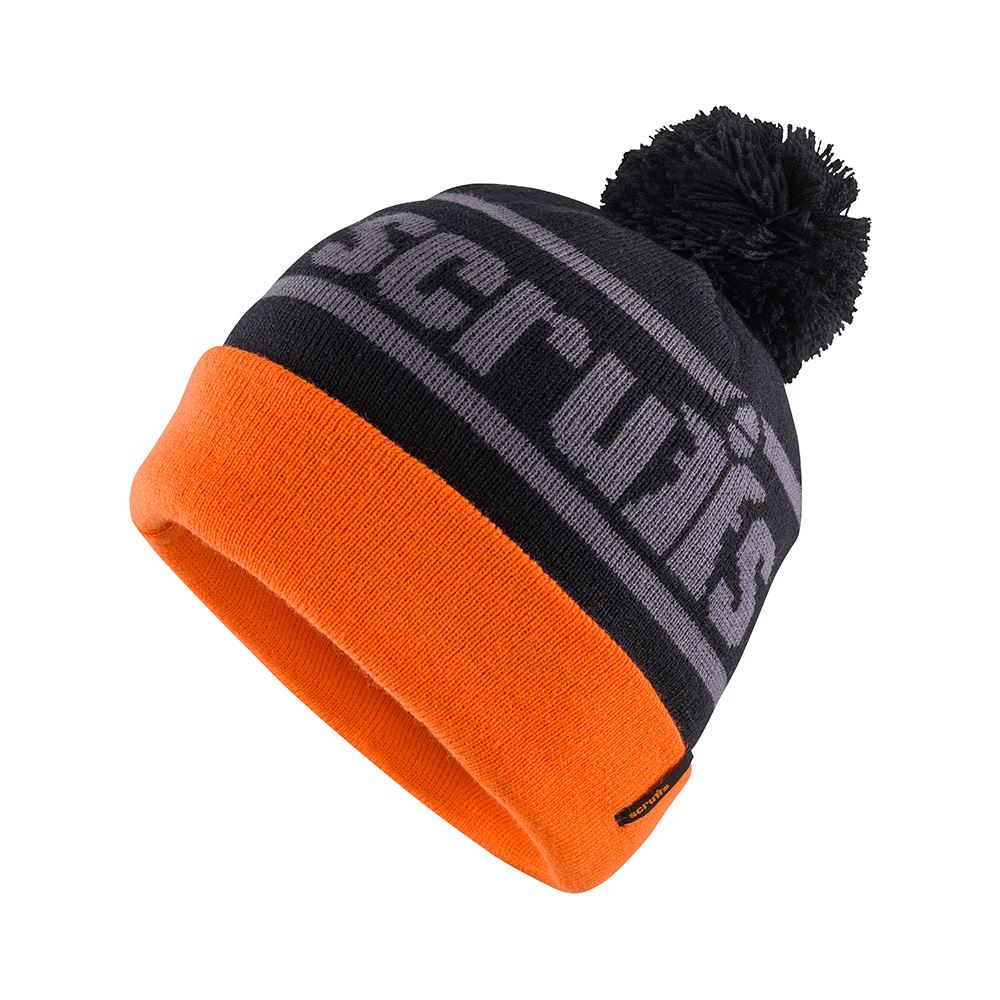 Scruffs Pracovní Čepice s Pomponem - Černá/Oranžová, Fleecová Podšívka