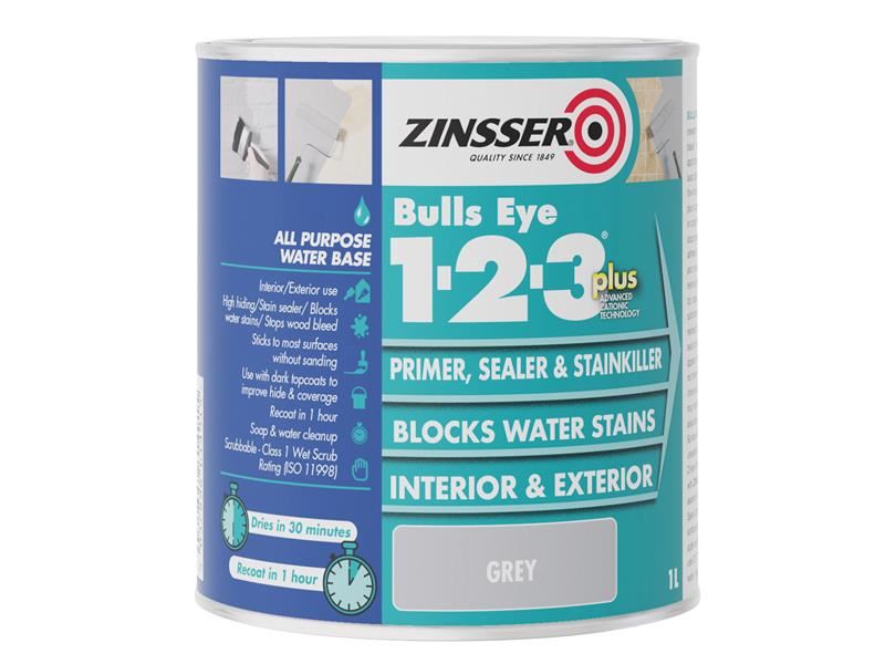 Zinsser Bulls Eye 1-2-3 Plus Primer, Sealer & Stain Killer, Grey, 1L