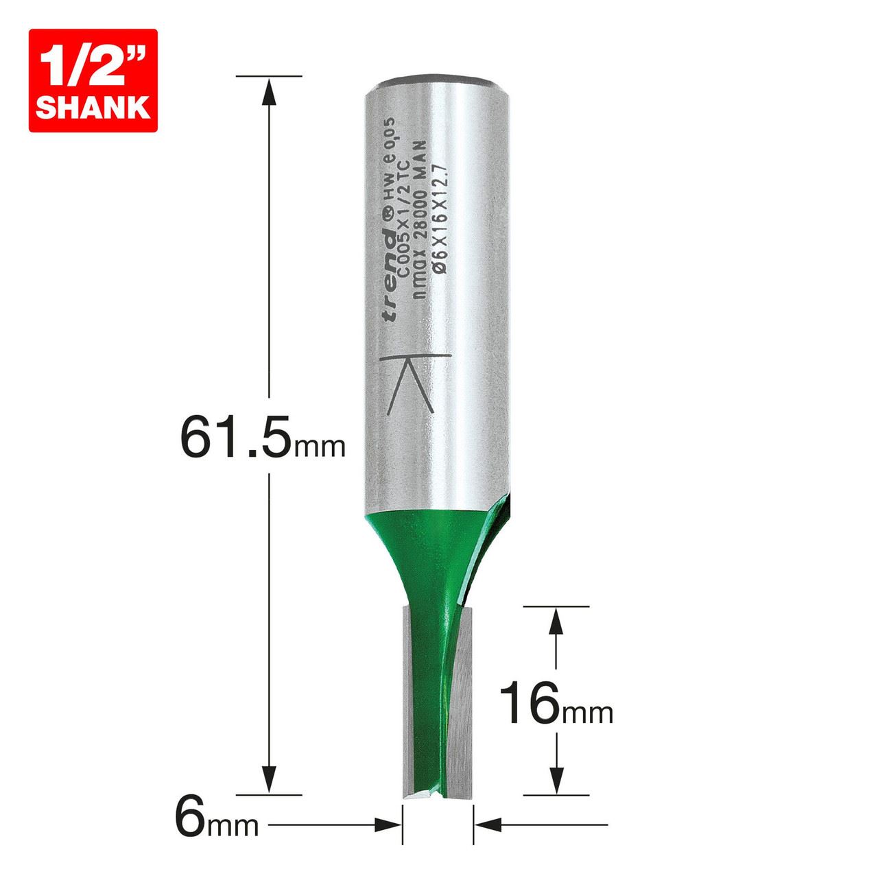 Trend C005X1/2TC CraftPro Cortador de Duas Pás, 6mm Diâmetro, 16mm Corte