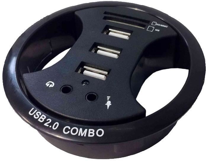 PowerData 3-Port USB 2.0 Desk Grommet with Audio & Card Reader