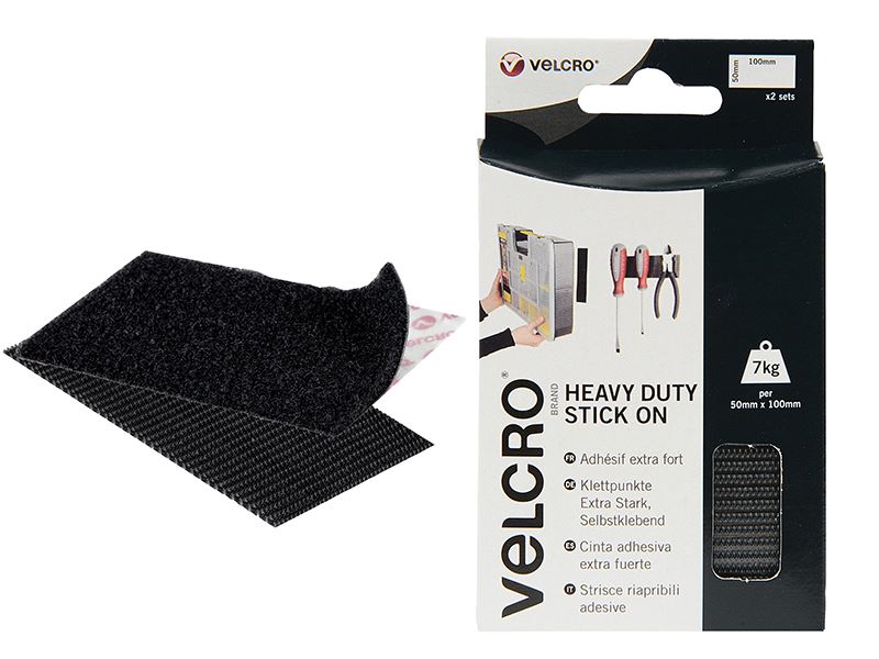 VELCRO Heavy-Duty Stick On Strips, Black, 50 x 100mm (2-Pack)
