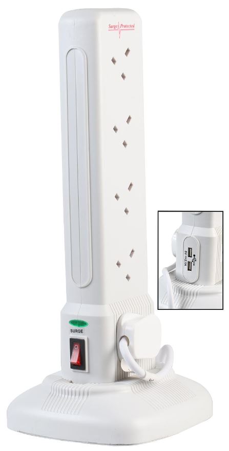PRO ELEC 10-Way Surge-Protected Tower Extension Lead with USB, 2m, White