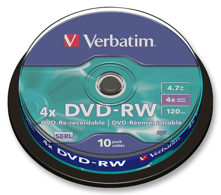VERBATIM 4x Speed DVD-RW Blank Discs, 4.7GB, 10 Pack