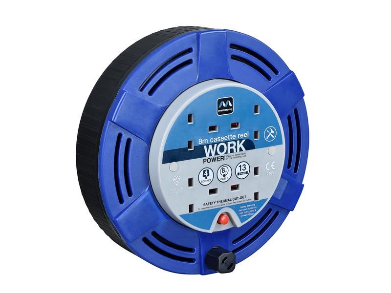 Masterplug Carretel de Cabo Cassete, 240V 13A 4 Tomadas, 8m Azul